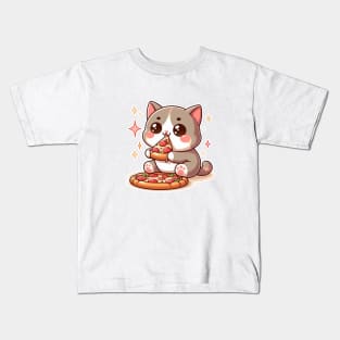 cute cat fat eat pizza slice cartoon illustration Kids T-Shirt